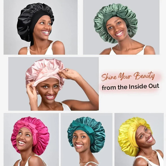 Yanibest Satin Bonnet Silk For Sleeping Hair Bonnet With Tie Band Head- Black - Picture 5 of 6